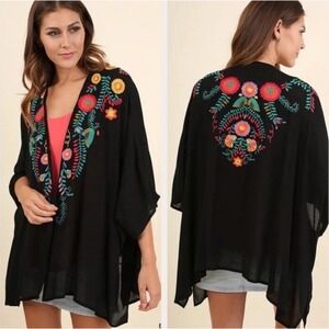 Umgee Womens XL/1XL Kimono Top Black Floral Embroidered Boho Festival Cardigan